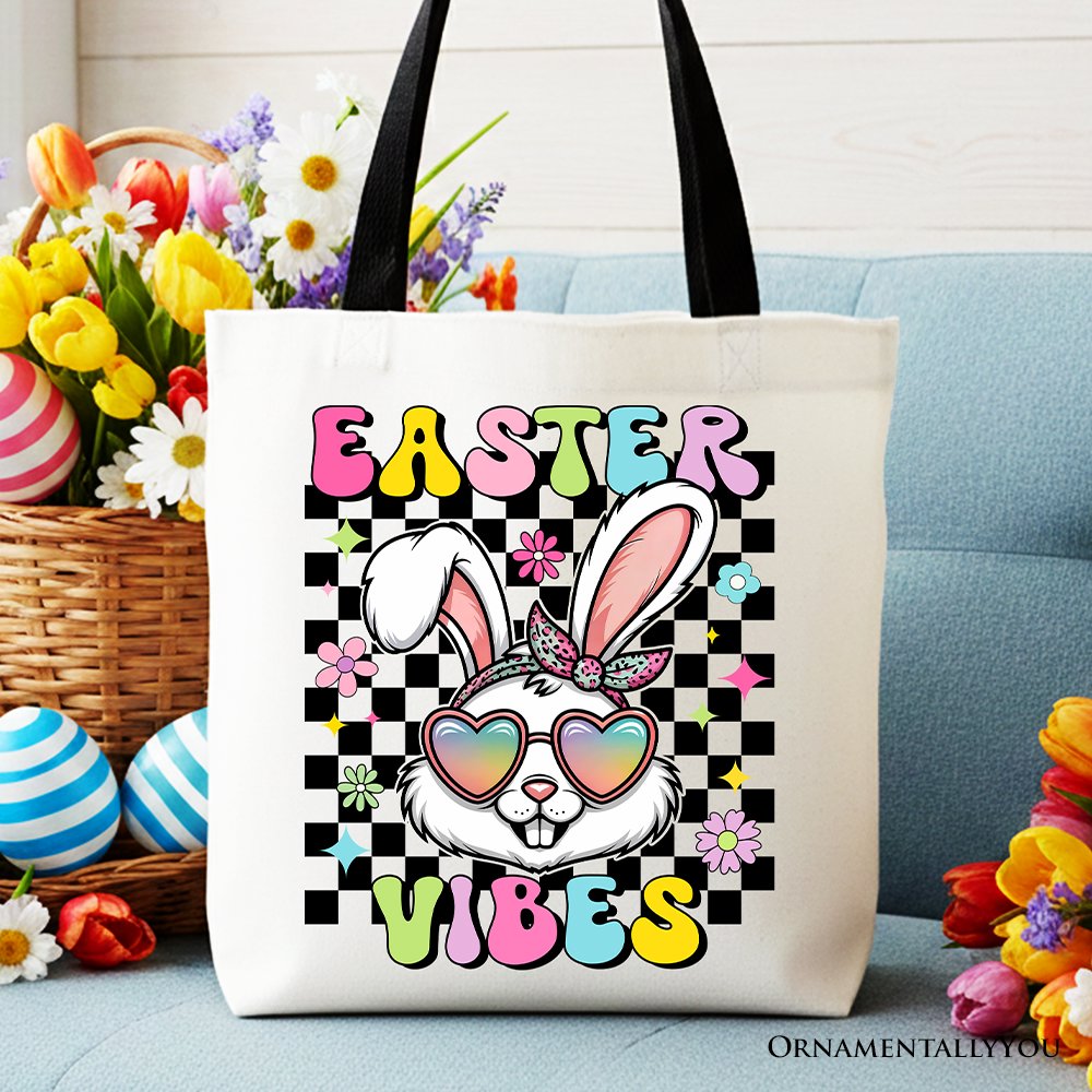 Retro Easter Bunny Sunglasses Tote Bag featuring a colorful checkered pattern and cotton construction.