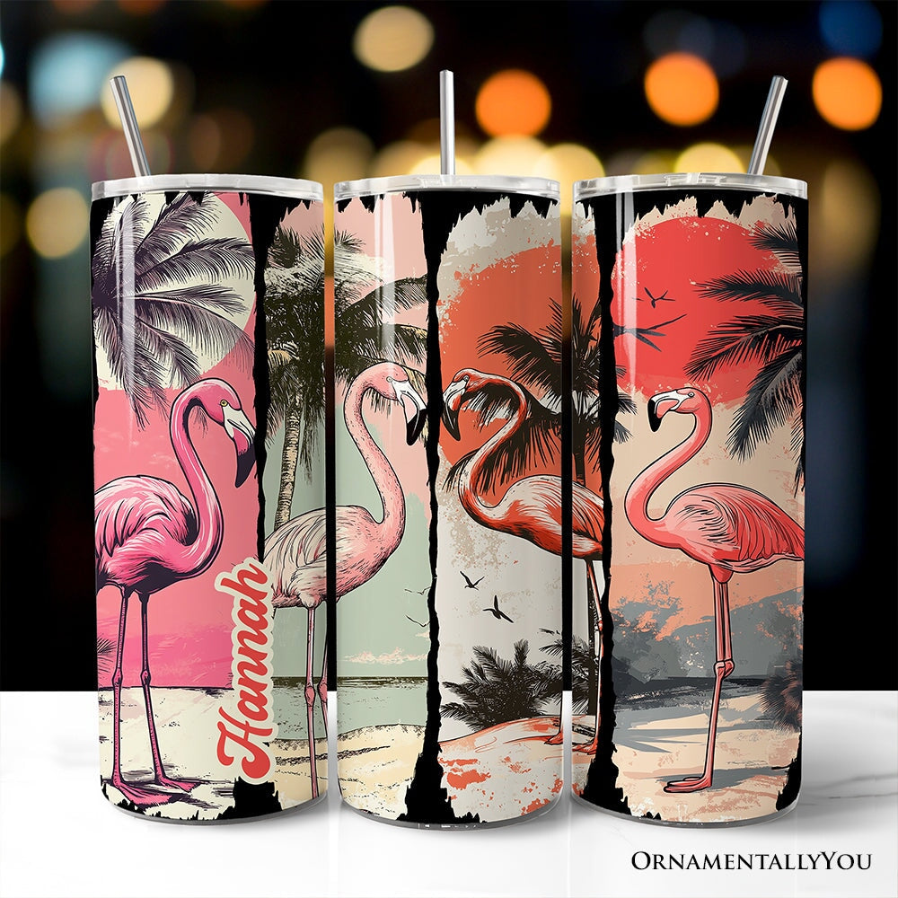 Retro flamingo beach 20oz personalized travel tumbler with stainless steel straw and lid.