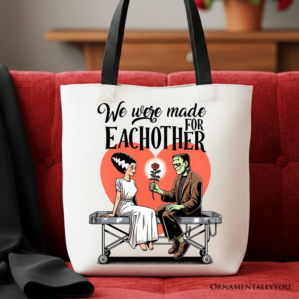 Spooky romantic Frankenstein and Bride themed cotton tote bag