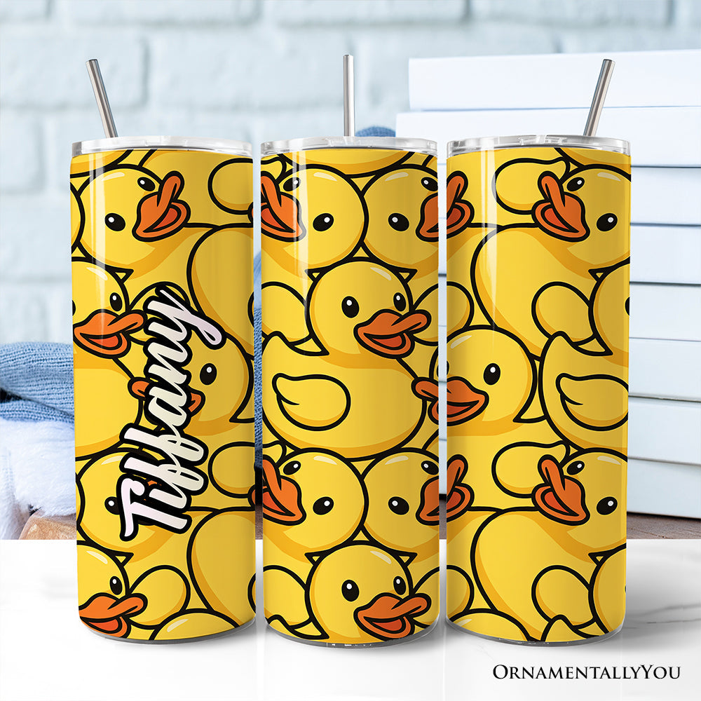 20oz stainless steel personalized travel tumbler featuring a playful rubber ducky cartoon print with a straw.