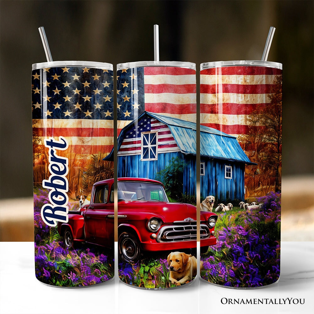 20oz rustic Christmas tumbler featuring a red truck and country barn design, complete with lid and stainless steel straw.
