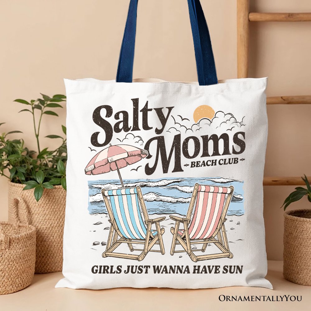 Salty Moms Beach Club retro-style canvas tote bag for summer beach trips.