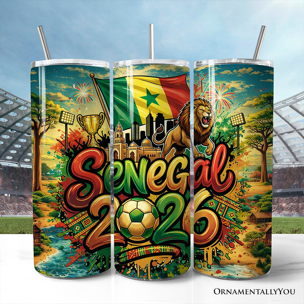 Senegal 2026 Soccer Championship 20oz tumbler with stainless steel straw in vibrant green, yellow, and red colors.