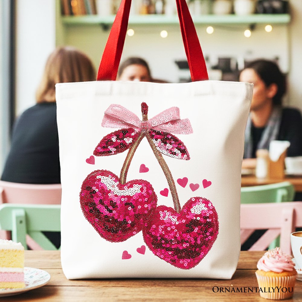 Sequin pink cherry heart canvas tote bag with coquette aesthetic
