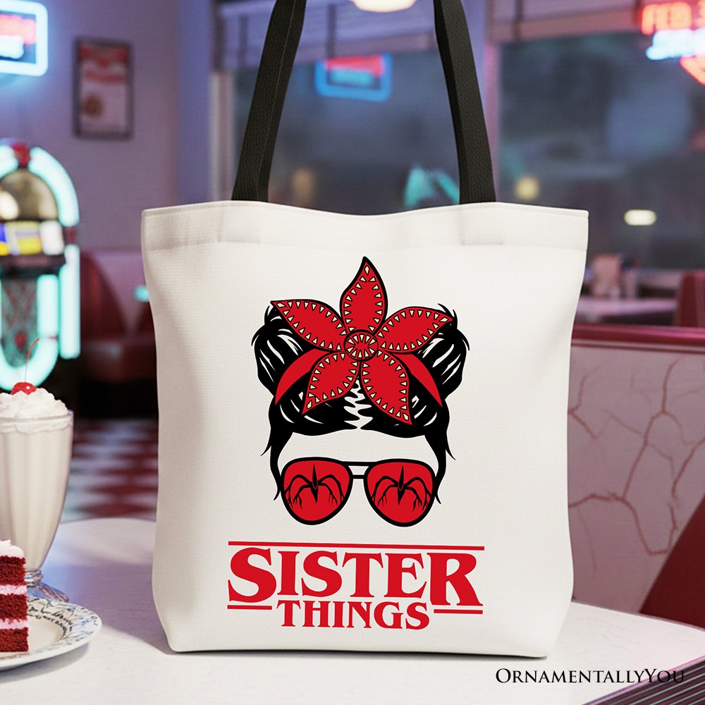 Sister Things retro canvas tote bag featuring a messy bun and red bandana glasses design.