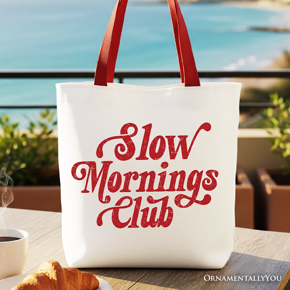 White and red Slow Mornings Club canvas tote bag with a minimalist vintage aesthetic.