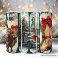 20oz personalized tumbler with highland cow design and Small Town Christmas theme