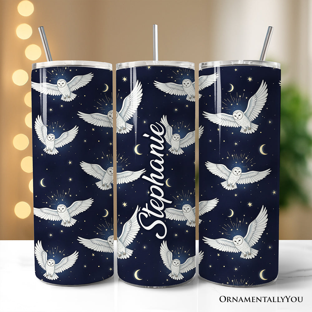 Personalized 20oz navy blue tumbler featuring a snowy owl under a moon and stars design with stainless steel straw