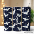 Personalized 20oz navy blue tumbler featuring a snowy owl under a moon and stars design with stainless steel straw