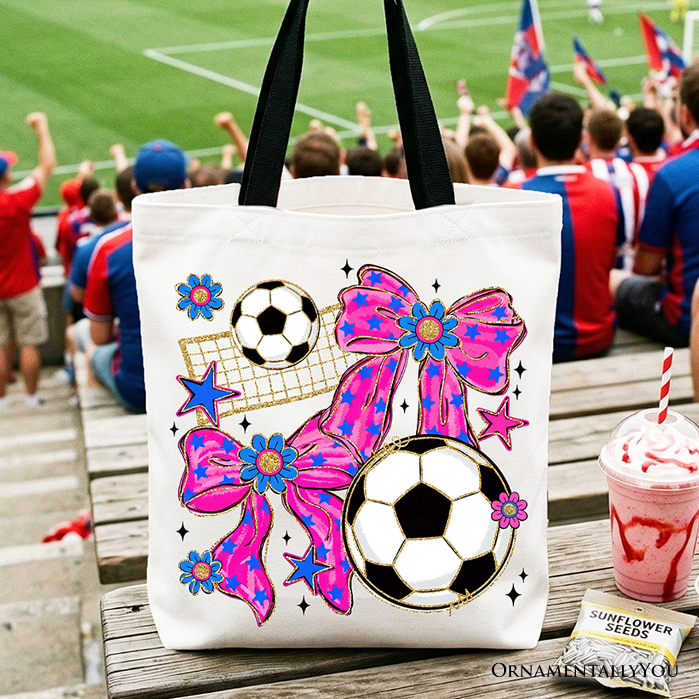 Preppy soccer coquette tote bag featuring a pink bow design for game day.