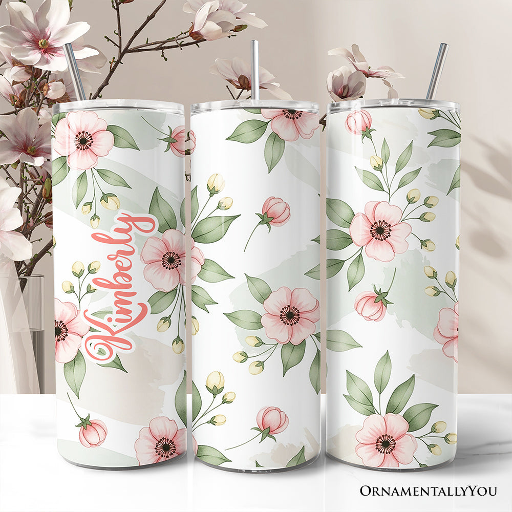 20oz stainless steel tumbler with soft pink wildflower pattern, includes lid and straw