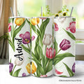 20oz personalized tumbler featuring a colorful spring tulip garden floral pattern with stainless steel straw