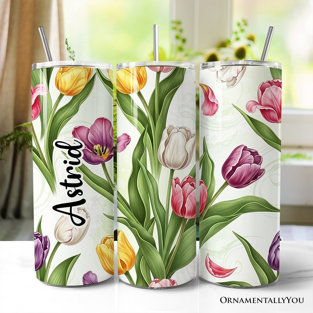 20oz personalized tumbler featuring a colorful spring tulip garden floral pattern with stainless steel straw