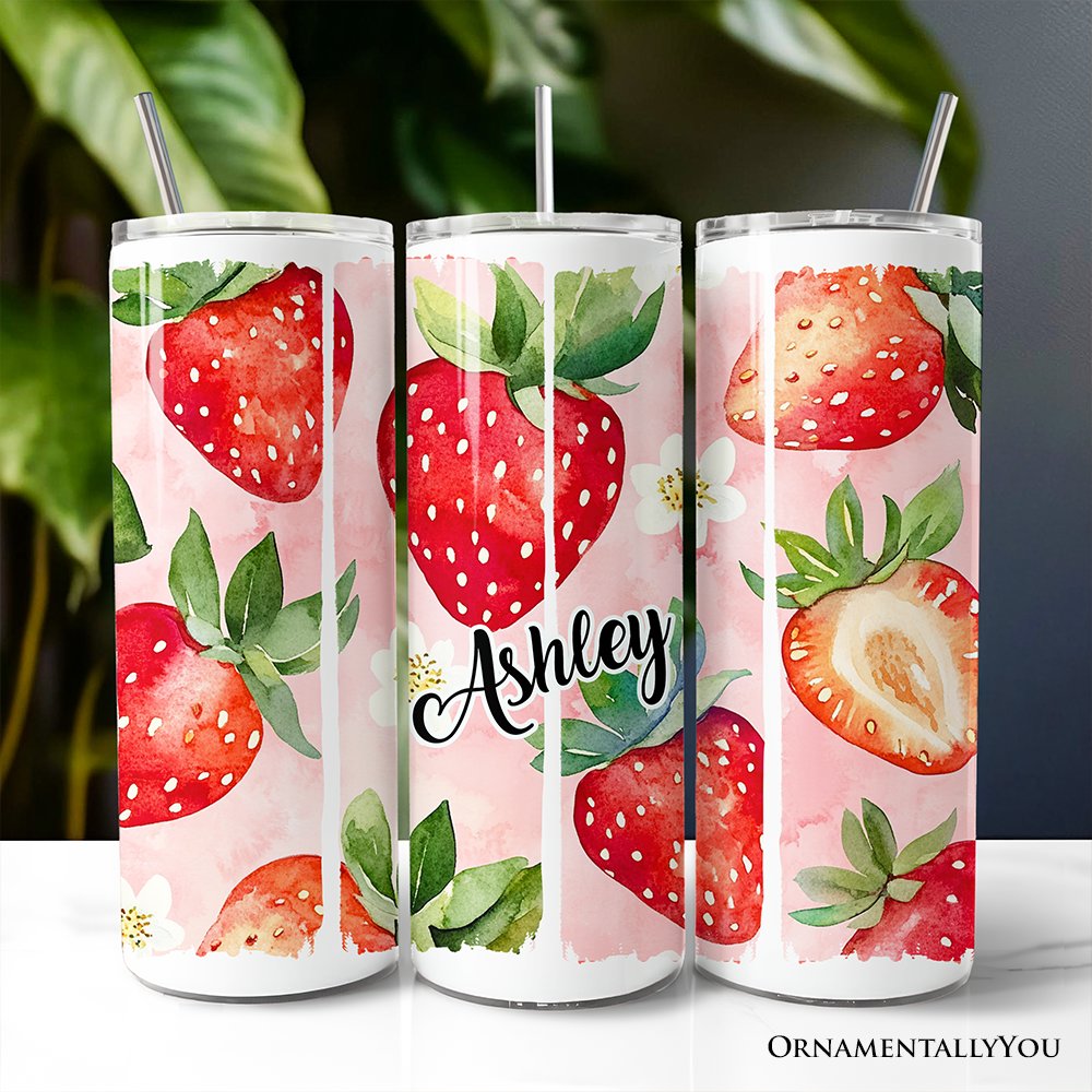 20oz stainless steel travel mug with cute strawberry pattern and matching straw