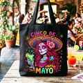 Black and multi-colored Sugar Skull Girl Cinco De Mayo tote bag, 15x16 inch cotton shopper.