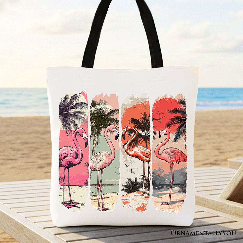Summer Flamingo Beach Canvas Tote Bag with a tropical sunset print, shown from front and back