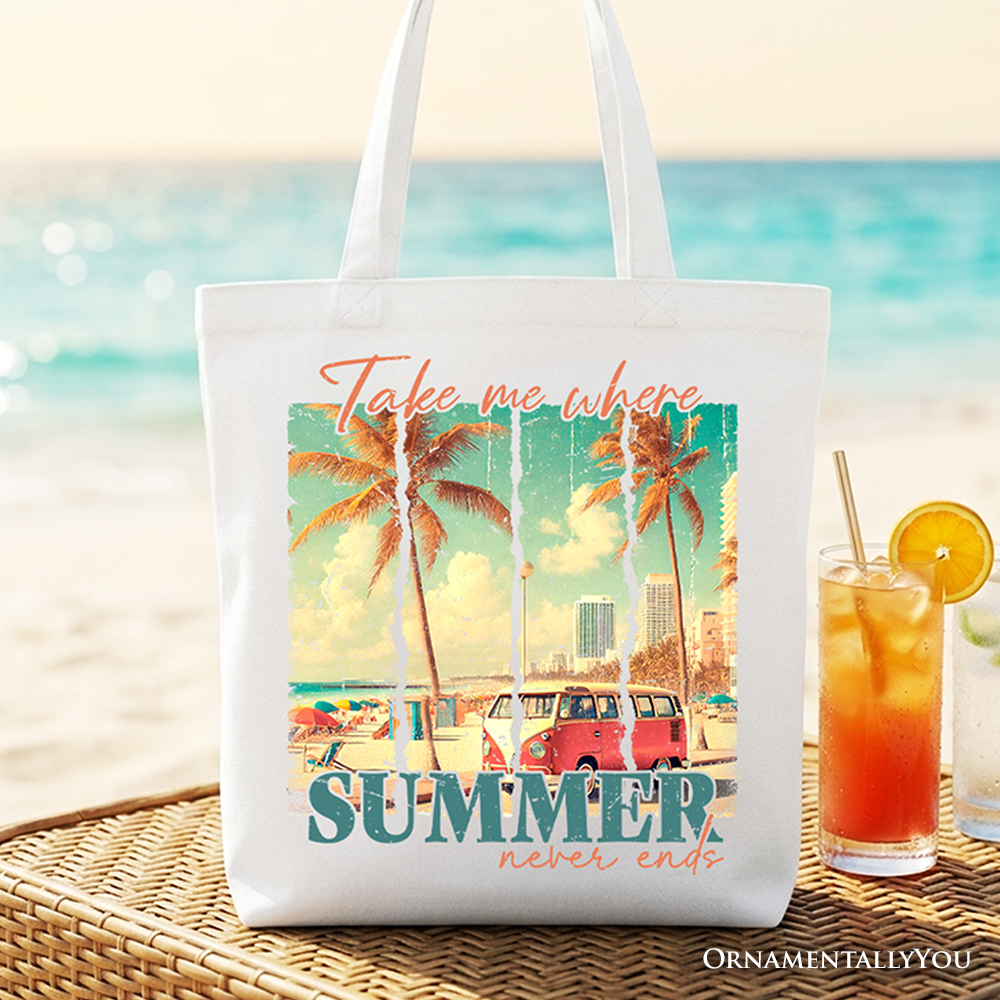 A vintage-inspired Summer Never Ends tote bag featuring a retro design, perfect for beach trips and daily shopping.
