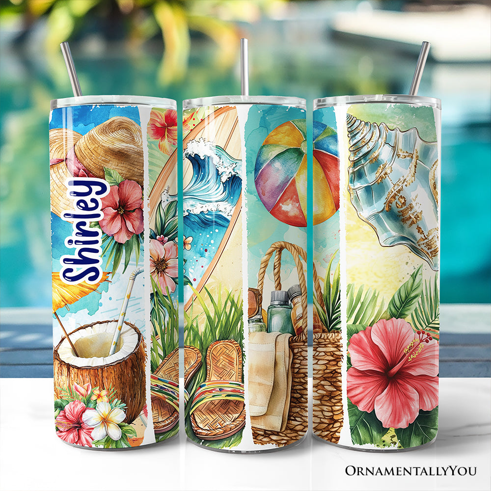20oz Summer Vibes personalized tumbler with beach brushstroke art and stainless steel straw