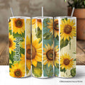 Personalized 20oz travel tumbler with sunflower brushstroke design and stainless steel straw