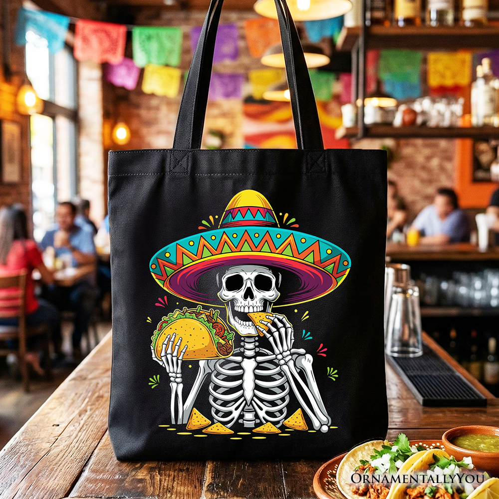 Black and multi-colored Taco Skeleton Cinco De Mayo tote bag.