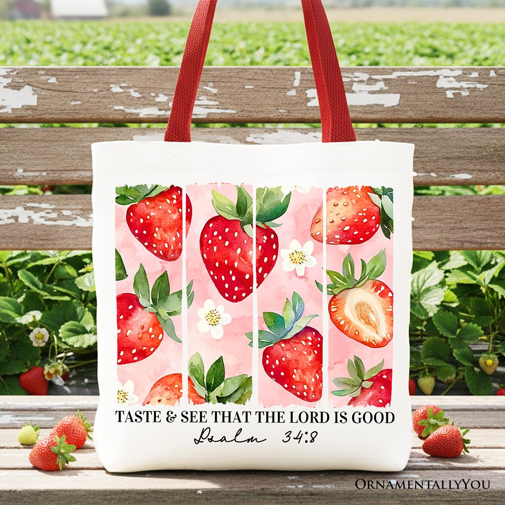 Cottagecore style Christian faith canvas tote bag with strawberry print