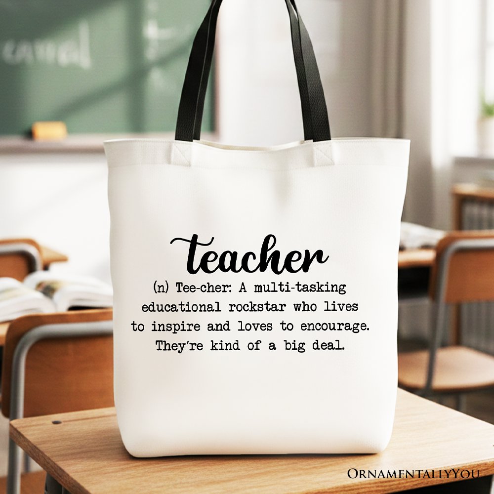 Inspirational Teacher definition canvas tote bag in white, a perfect gift for educators.