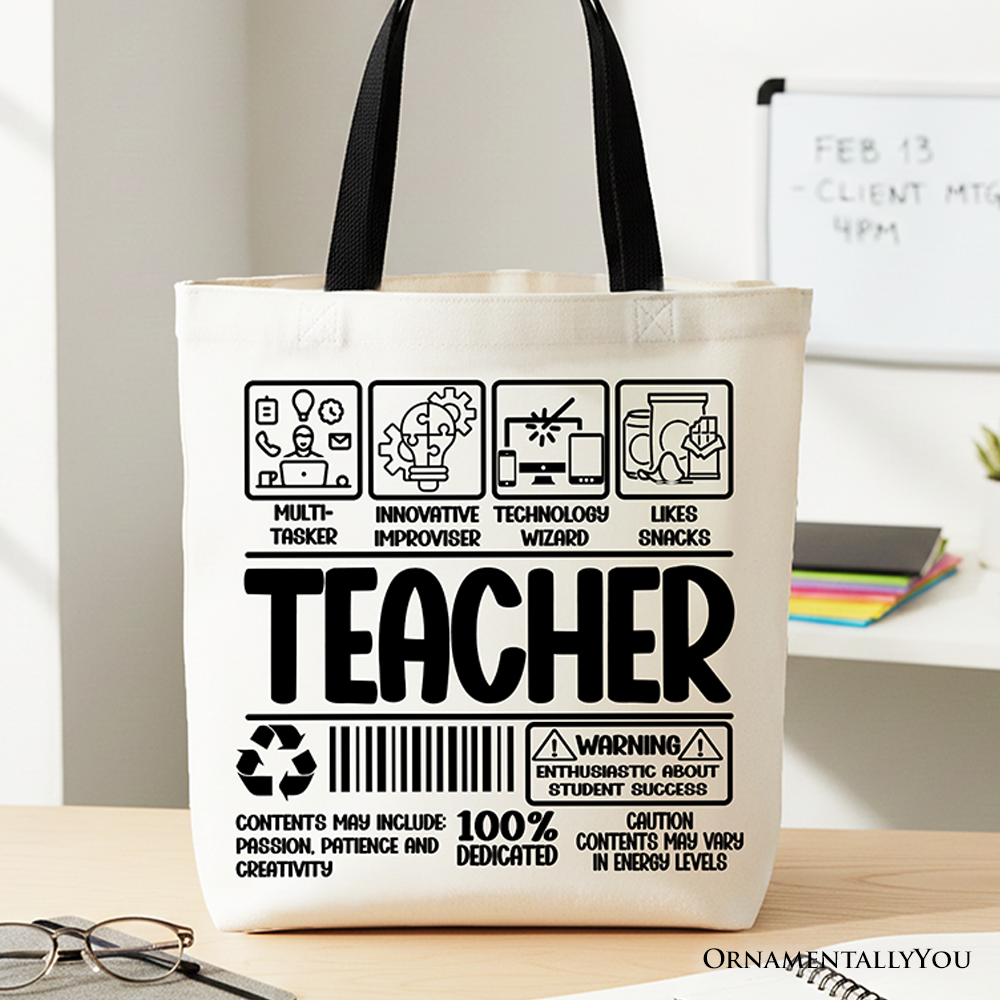 Teacher Label Tote Bag featuring a funny barcode graphic on durable canvas material.