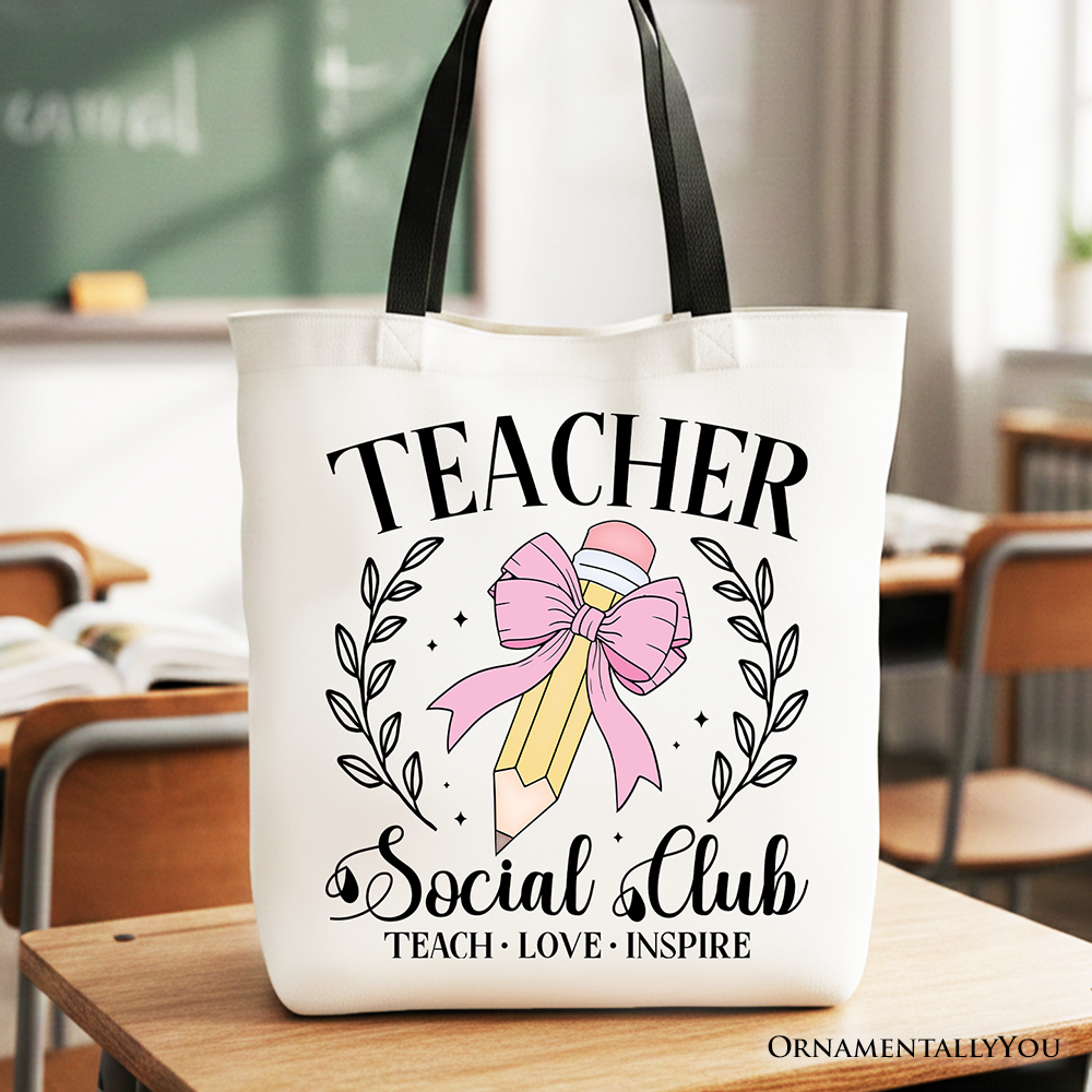 Teacher Social Club branded cotton tote bag in white, black, pink, and yellow