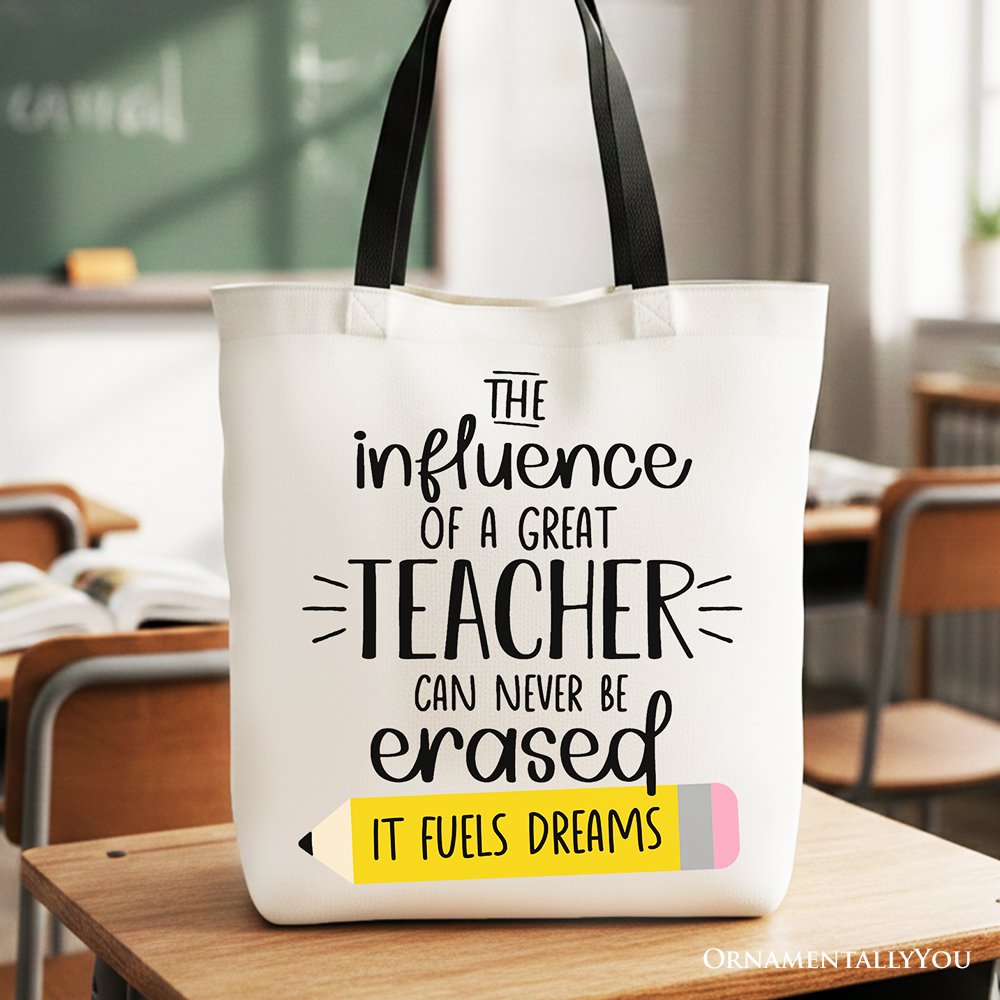 Teacher appreciation canvas tote bag with academic lettering