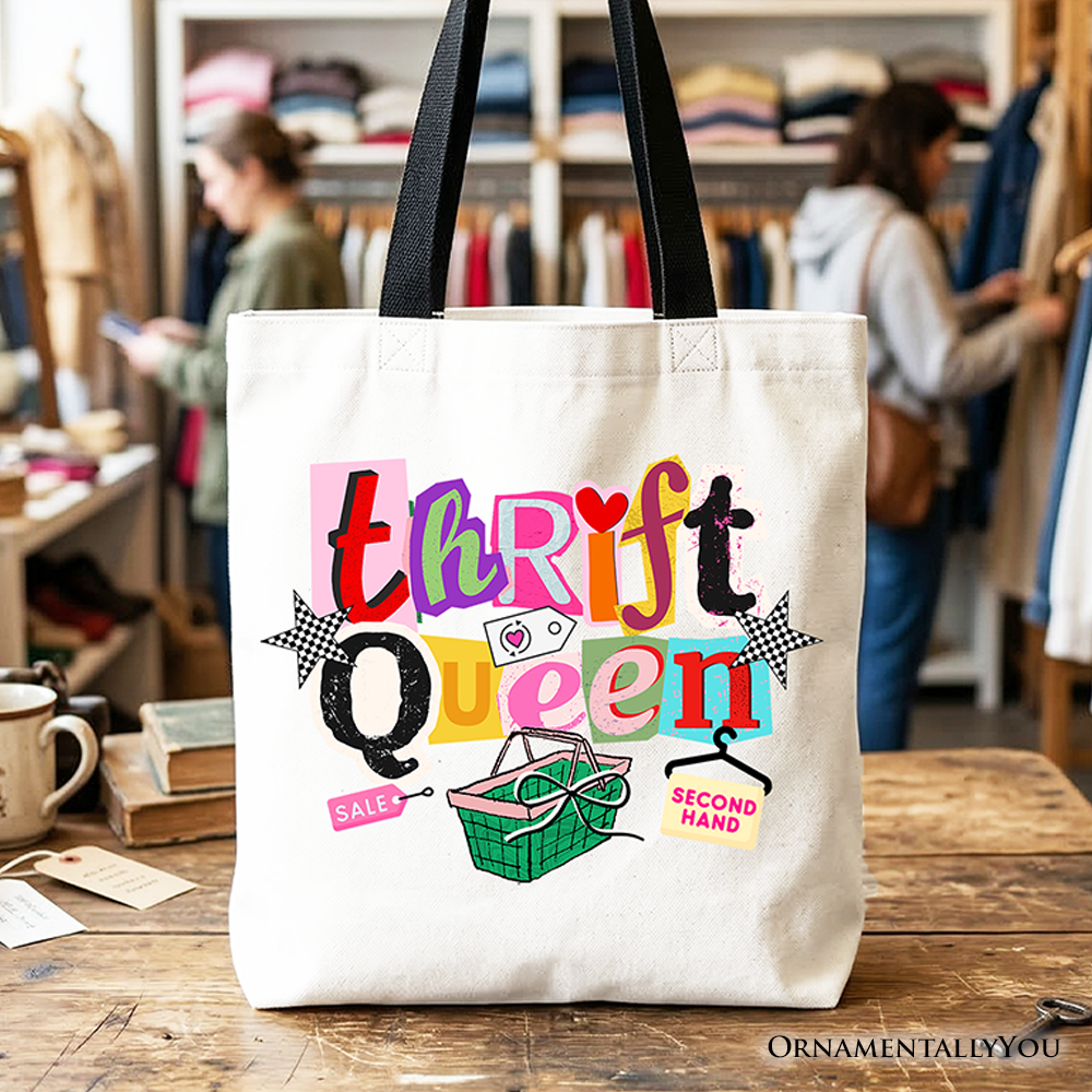 Thrift Queen retro-inspired colorful tote bag for second-hand shoppers.