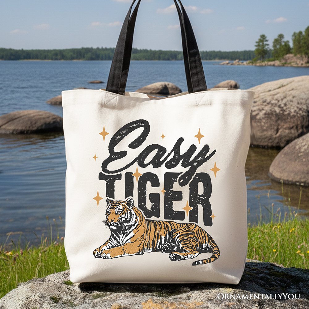 Retro grunge style canvas tote bag featuring a vintage tiger print graphic
