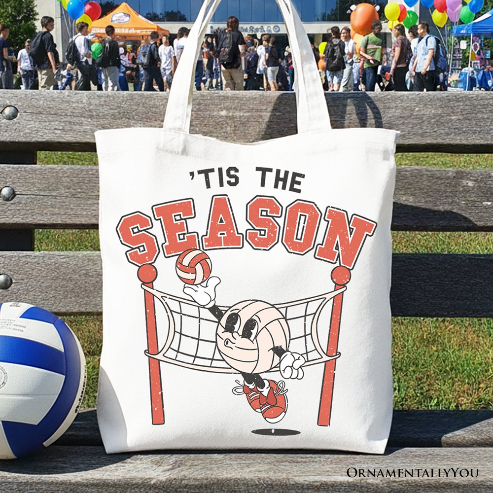 Tis the Season Volleyball retro canvas tote bag with red and black graphics.
