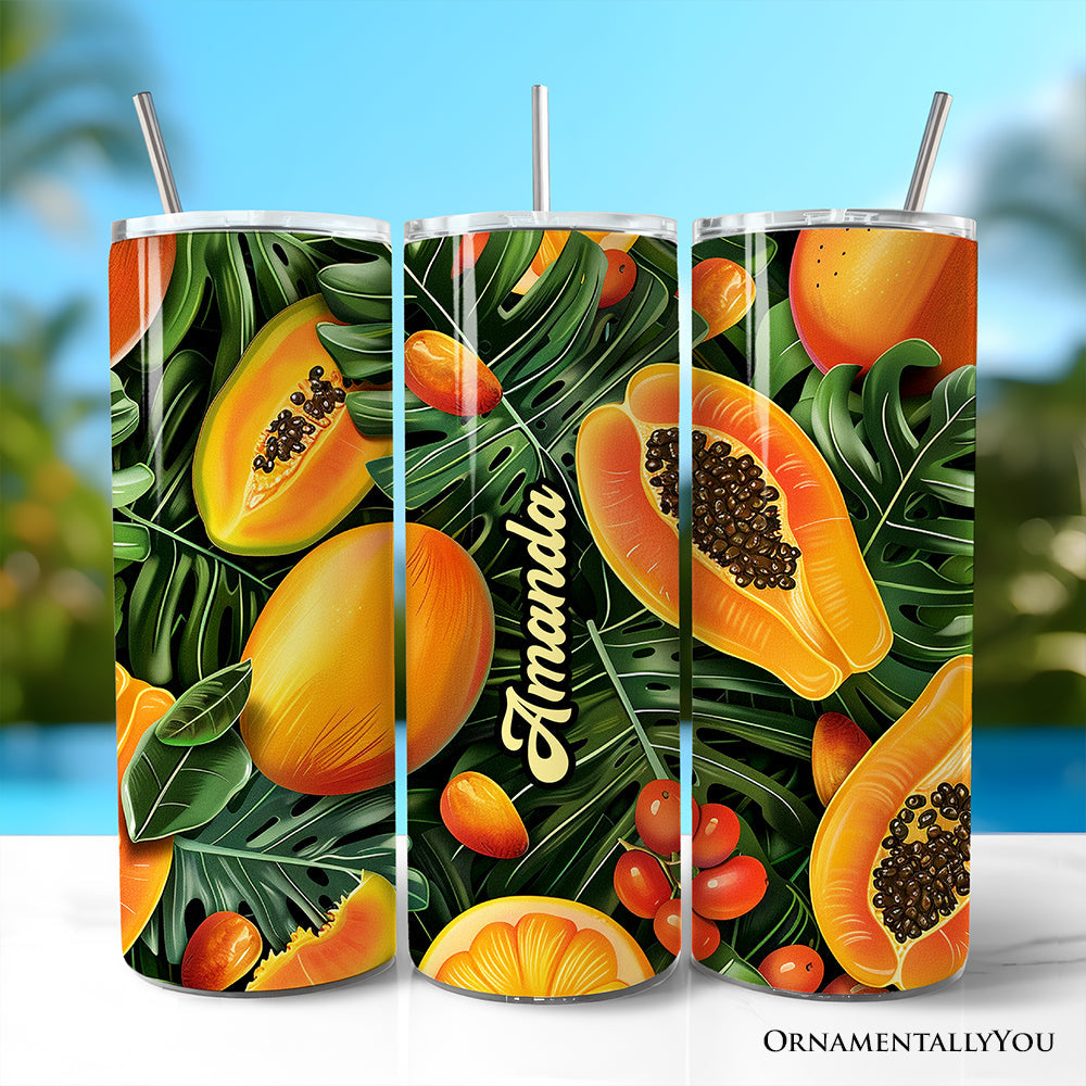 Tropical fruit themed 20oz tumbler with papaya, mango, and citrus floral pattern