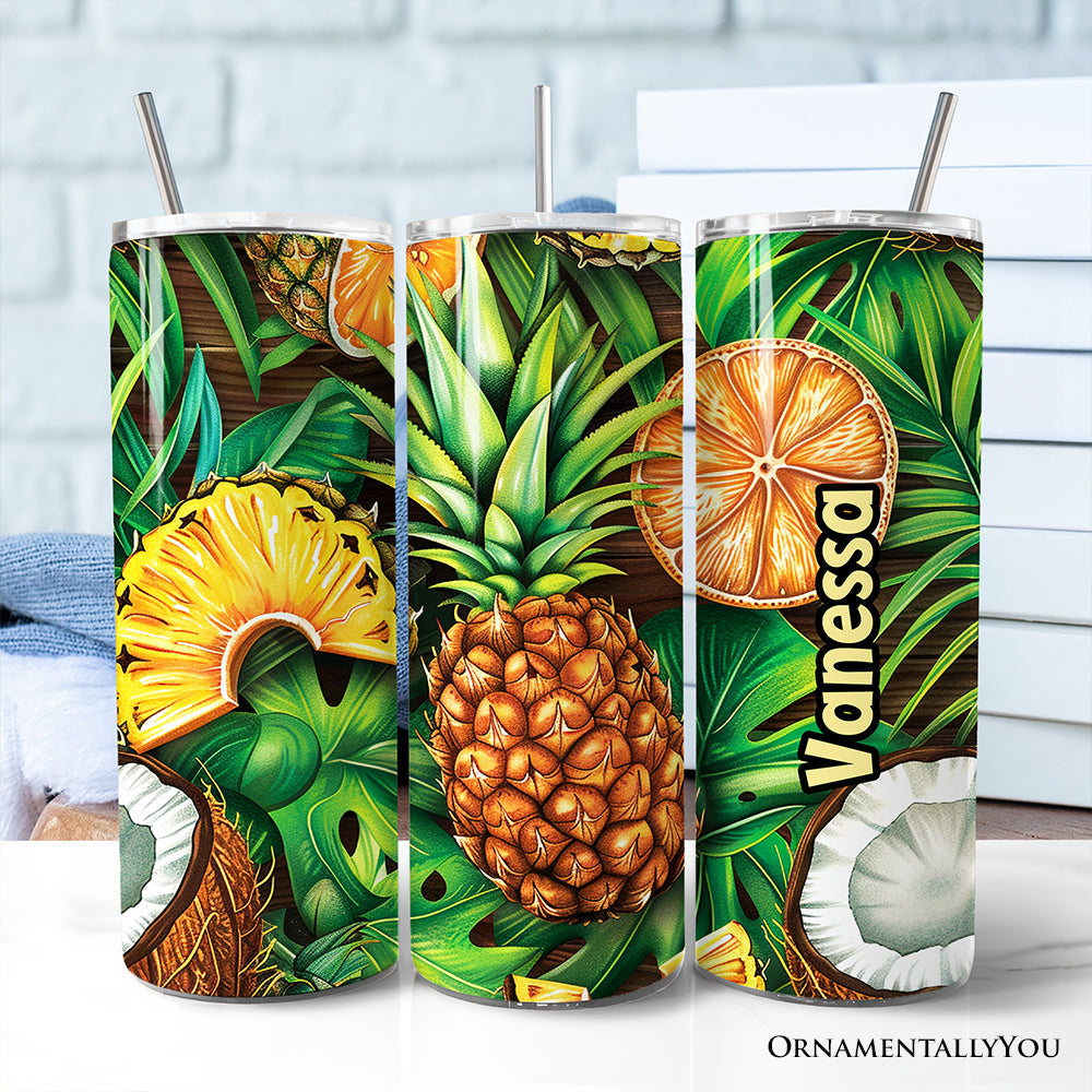 20oz personalized tropical pineapple, citrus, and coconut tumbler with stainless steel straw and lid.
