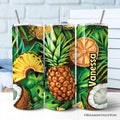 20oz personalized tropical pineapple, citrus, and coconut tumbler with stainless steel straw and lid.