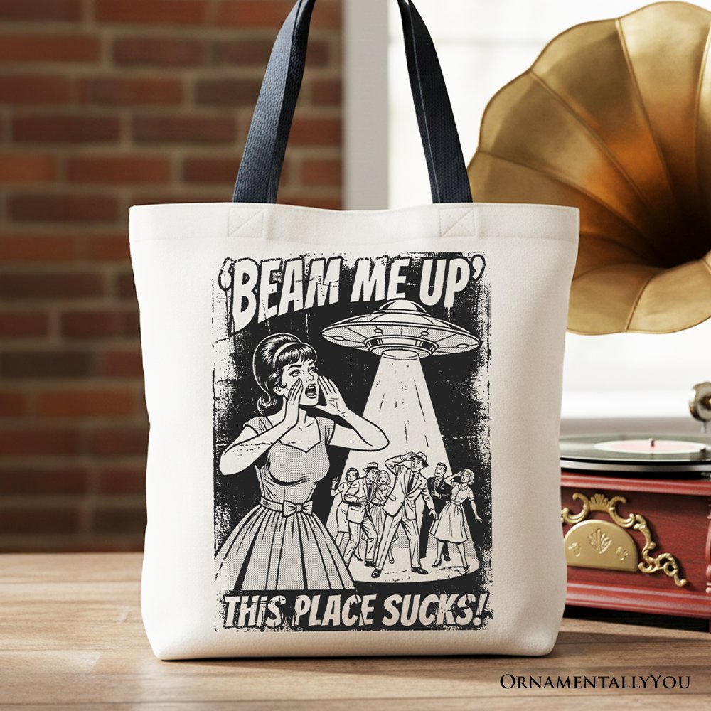 UFO Beam Me Up This Place Sucks retro comic style canvas tote bag in white and black