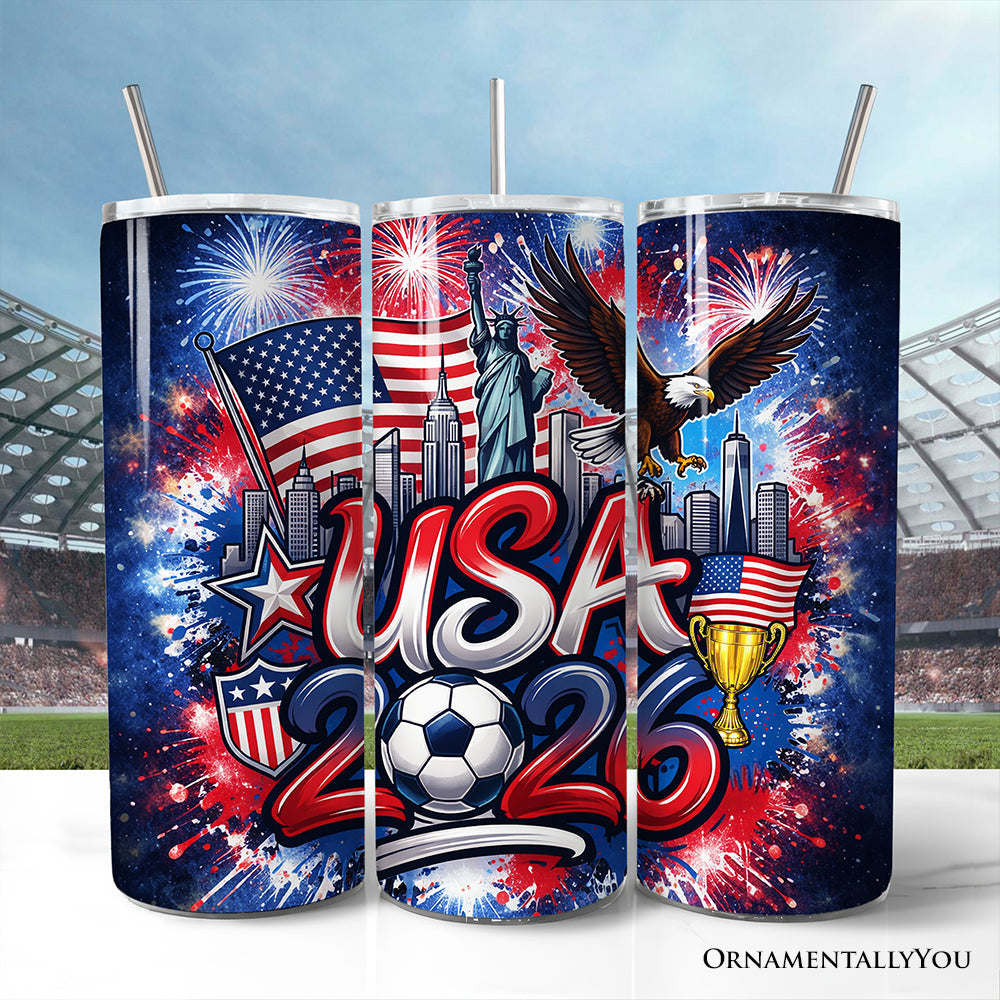 USA 2026 Soccer Cup 20oz stainless steel travel tumbler with straw in red, white, and blue abstract design.