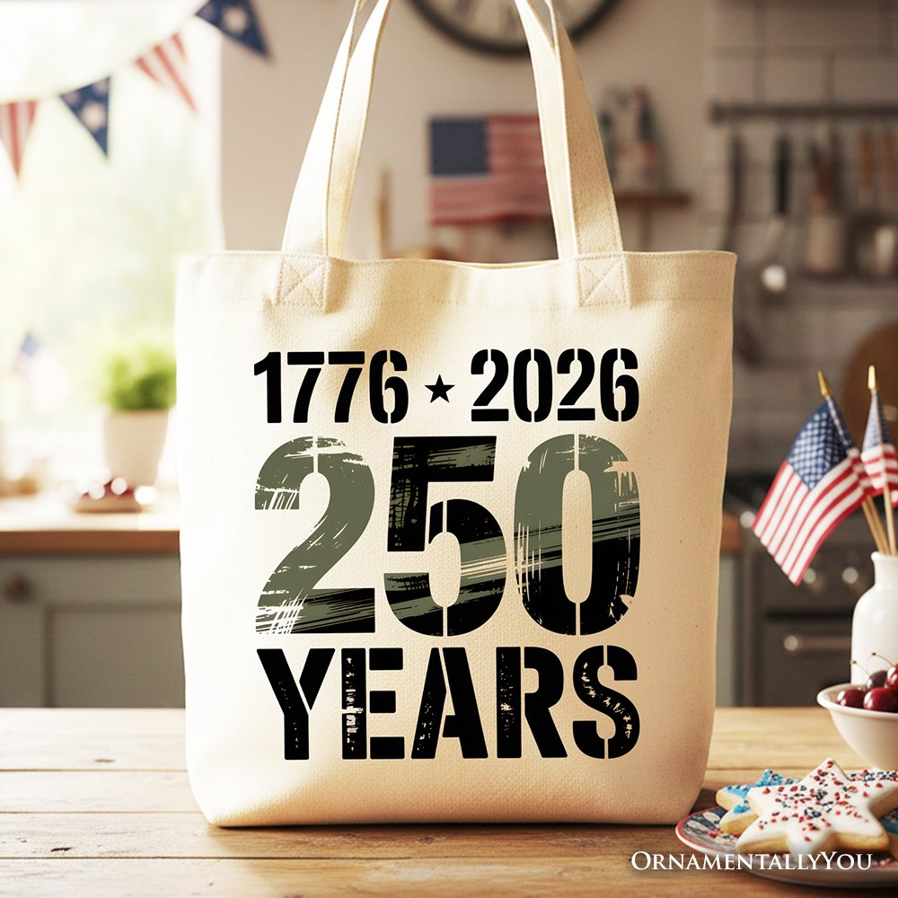 USA 250th anniversary 1776-2026 patriotic commemorative cotton tote bag in beige and black.