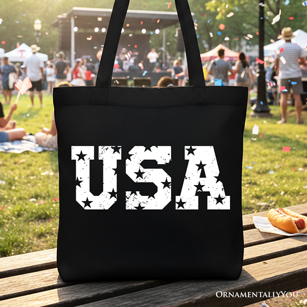 Vintage USA block letters patriotic cotton tote bag in black and white