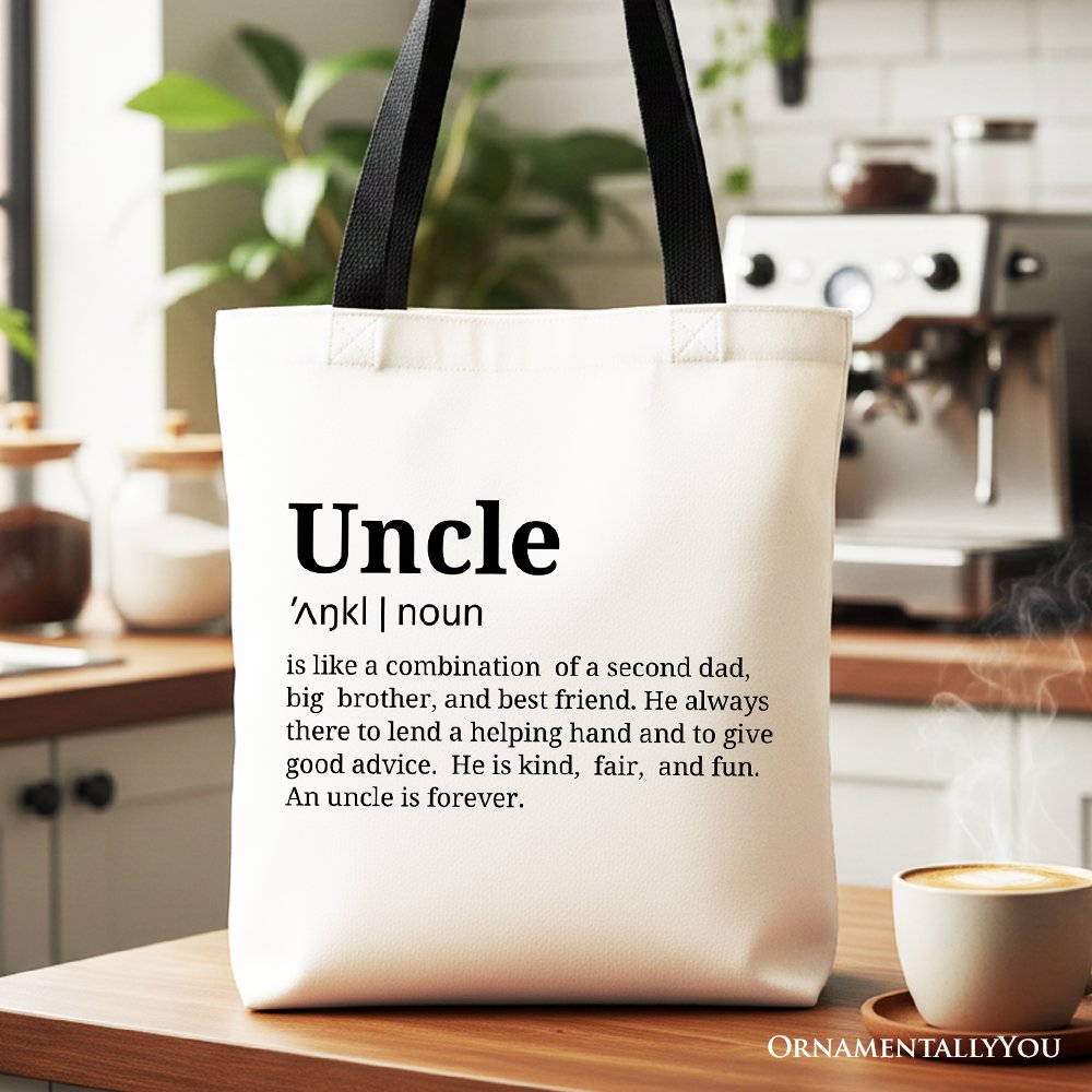 A durable canvas tote bag printed with a funny uncle definition, perfect for family gifts and daily errands.