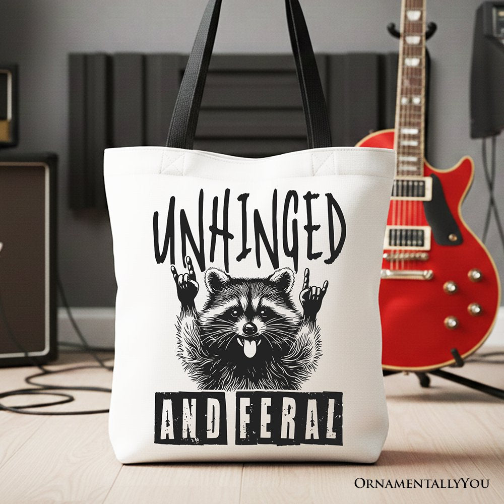 Unhinged and Feral Raccoon graphic print canvas tote bag, white and black design
