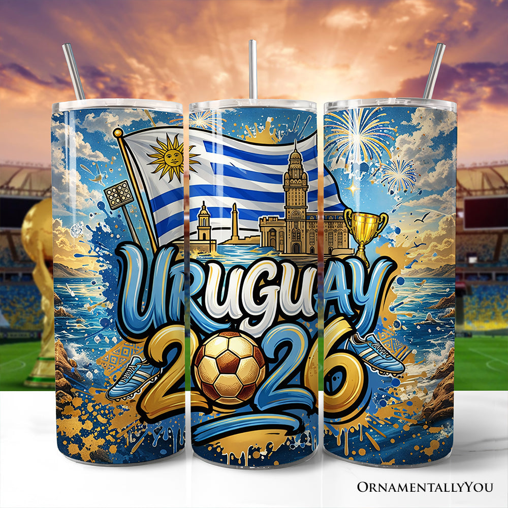 20oz Uruguay 2026 Soccer Championship stainless steel tumbler with blue, gold, and sunset gradient graphics.