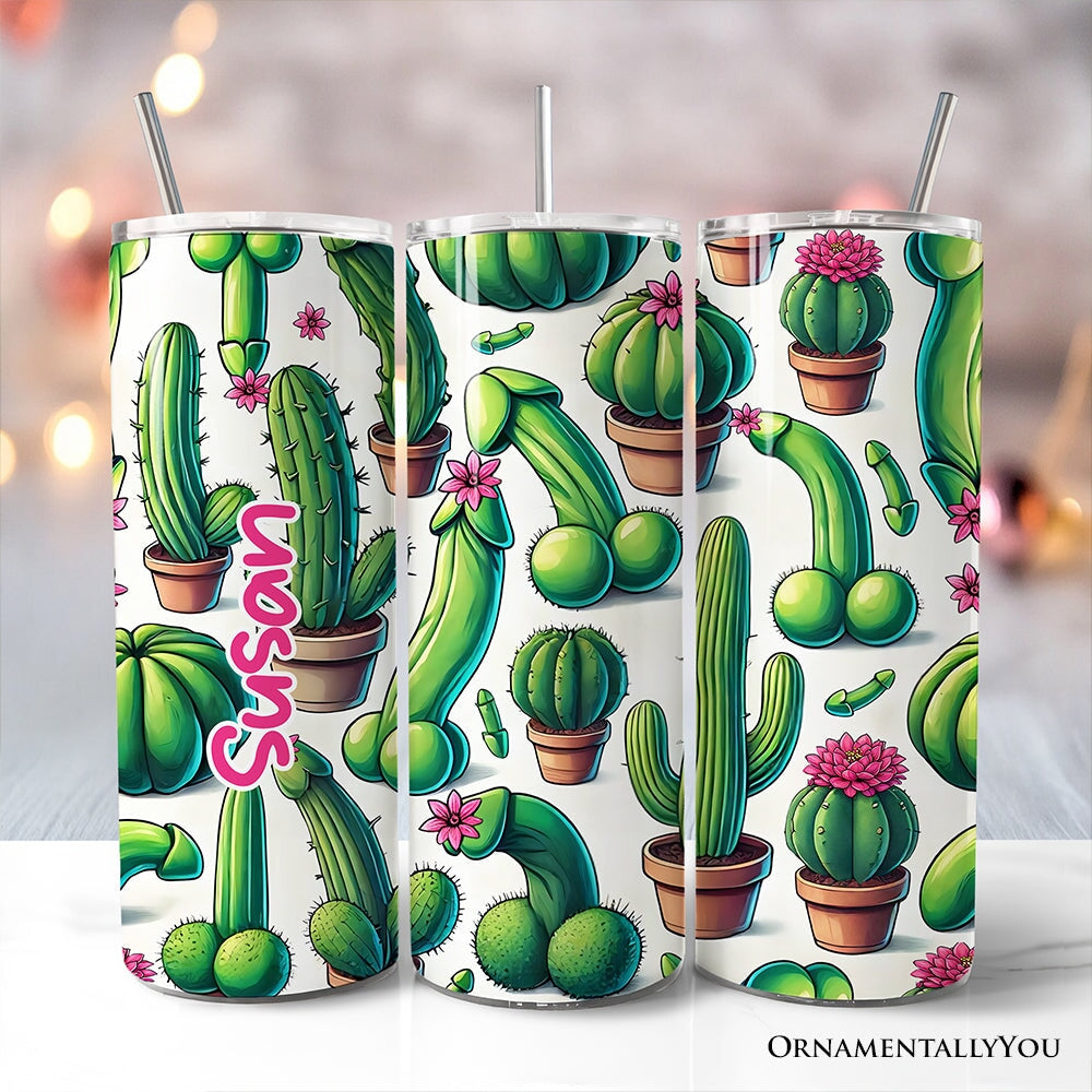 20oz personalized stainless steel tumbler with funny cactus design, lid, and straw.