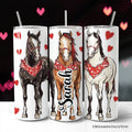 20oz personalized western-style travel tumbler with horse and heart pattern on white background