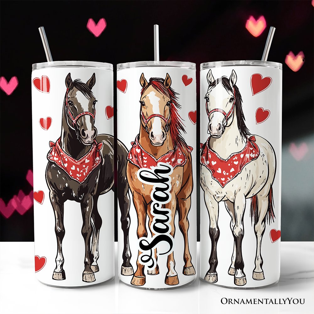 20oz personalized western-style travel tumbler with horse and heart pattern on white background