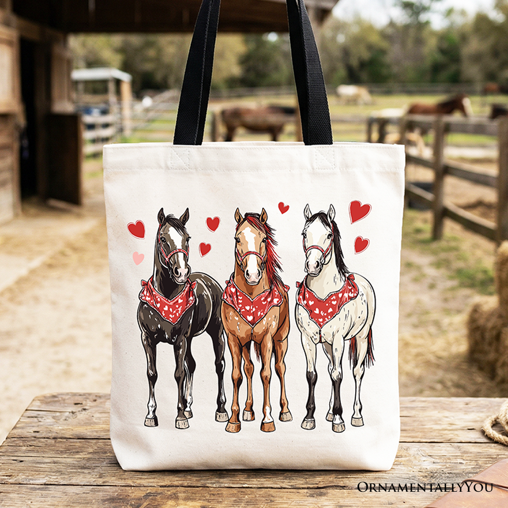 Valentine Horses Western Tote Bag in off-white canvas with red hearts and horse illustrations