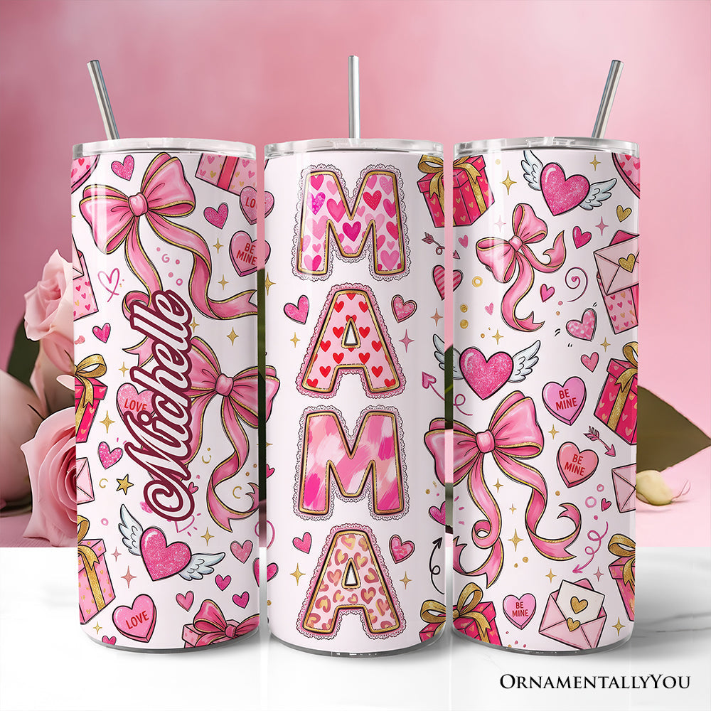 20oz stainless steel travel tumbler with pink coquette bow pattern