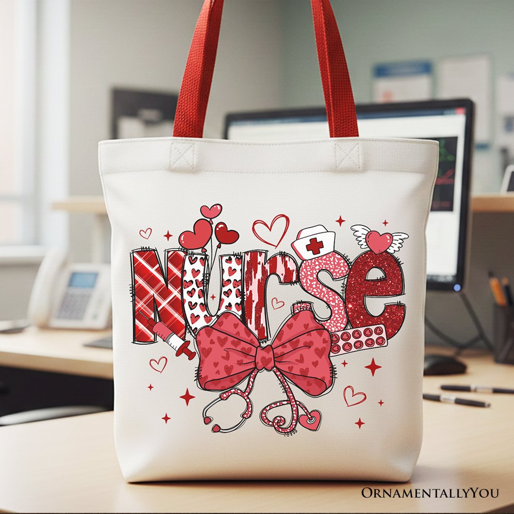 Valentine Nurse Coquette Bow canvas tote bag with red and pink bows, ideal for nurses.