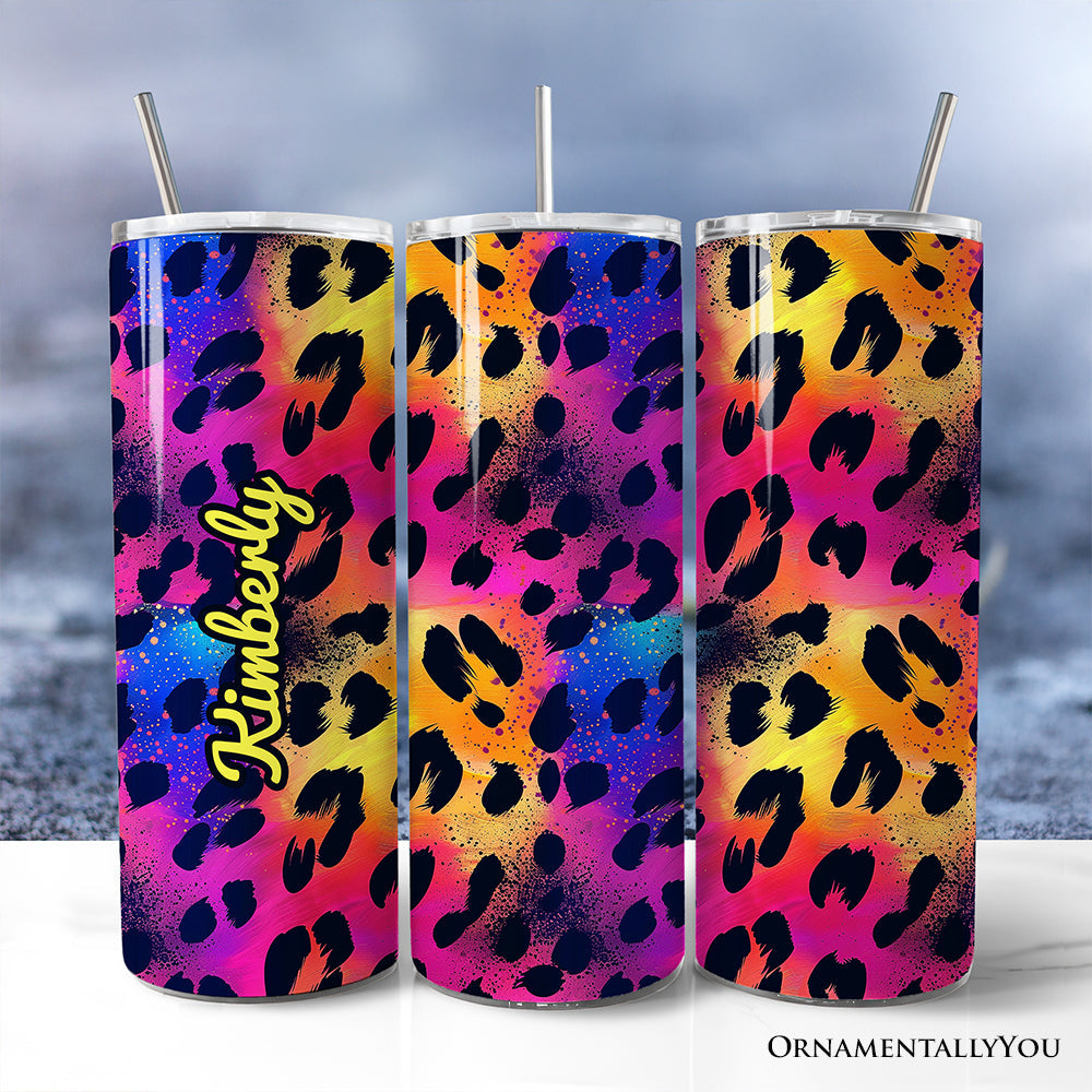 Neon pink and yellow leopard print 20oz tumbler with lid and stainless steel straw