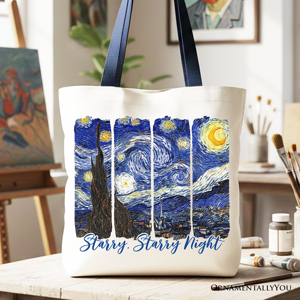 White and blue cotton canvas tote bag featuring Vincent Van Gogh's The Starry Night.